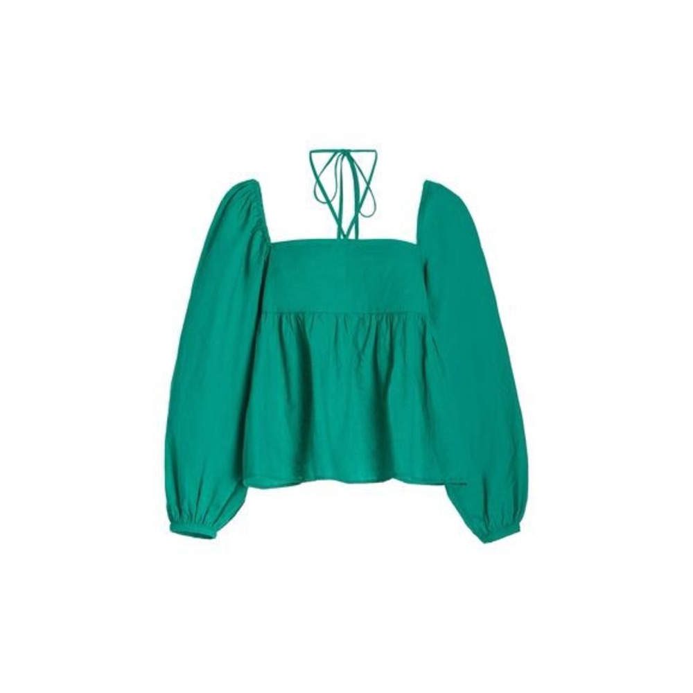 Ciao Lucia! Emerald Green Corina Puff Sleeve Tie Neck Baby Doll Top Size Medium